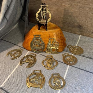 Vintage Horse Harness Brass Martingale Medallion Collectibles- Set of 10 | MCM Equestrian Robin Hood, Mevagissey & William Shakespeare Decor