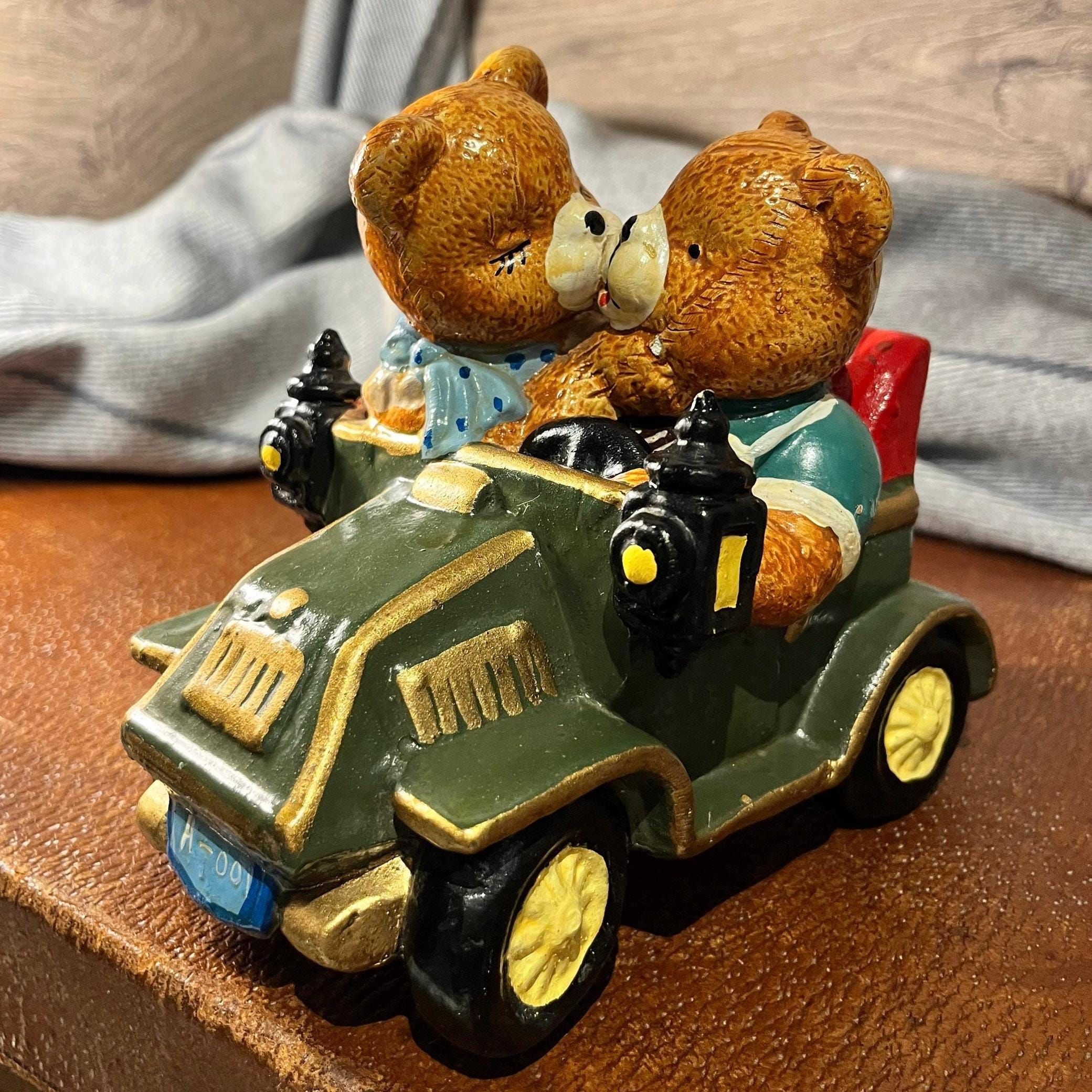 Vintage Rare Ceramic Teddy Bear Couple in a Car Money Bank