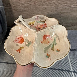 Vintage Hand Painted Floral 3 Section Serving Platter Dish | English Tableware Collectibles | Triple Bowl Snack & Nibble Server with Handle