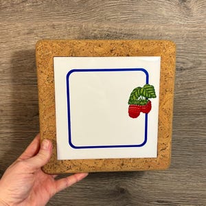 Vintage Red Ripe Raspberry, Green Leaves and Blue Edge White Tile Square Cork Base Trivet | Garden Fruit & Berry Kitchenalia | Healthy Decor