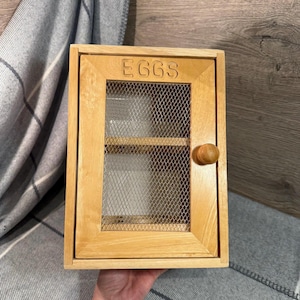 May include: A small, rectangular wooden cabinet with a wire mesh door and a wooden knob. The word "EGGS" is carved into the top. The cabinet has a single shelf inside. The cabinet is made of light-coloured wood.