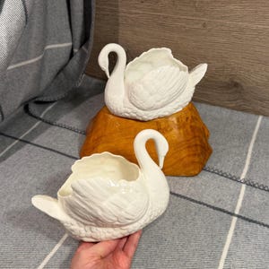 Peut inclure: Deux jardinières ou bols en céramique blanche en forme de cygne avec des textures de plumes moulées détaillées. Un cygne est posé sur une base en bois naturel poli, tandis que l'autre est tenu au premier plan, révélant l'intérieur creux.