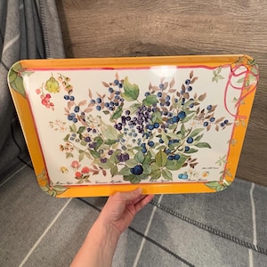Vintage Atelier Michele Trumel Mebel Made in Italy Melamine Rectangular Botanical Tray | Peach Orange, Green Leaves and Blue Berries Server