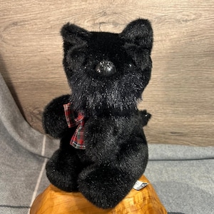 Vintage Collectible Grove International Black Scottish Terrier Scottie Dog Sitting Soft Plush Fluffy Stuffed Animal Toy with Red Tartan Bow