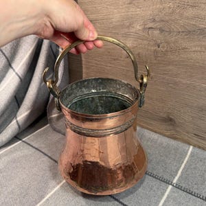 Vintage Hand Crafted Copper & Brass Swing Handle Primitive Decorative Cook Pot | Hearth Fireplace Cooking Antiques | Old Rustic Collectibles