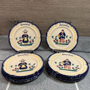 Vintage Hand Made and Painted Folk Art French Fait Main MBFA Camembert 8-Plate Set | Provincial France Home Decor | Collectible Kitchenalia