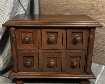 Vintage Mini Heavy Solid Dark Wood Rustic Table Top 6-Drawer Cabinet Jewellery Box | Old Spice Herb Rack | Arts Crafts Storage | Apothecary