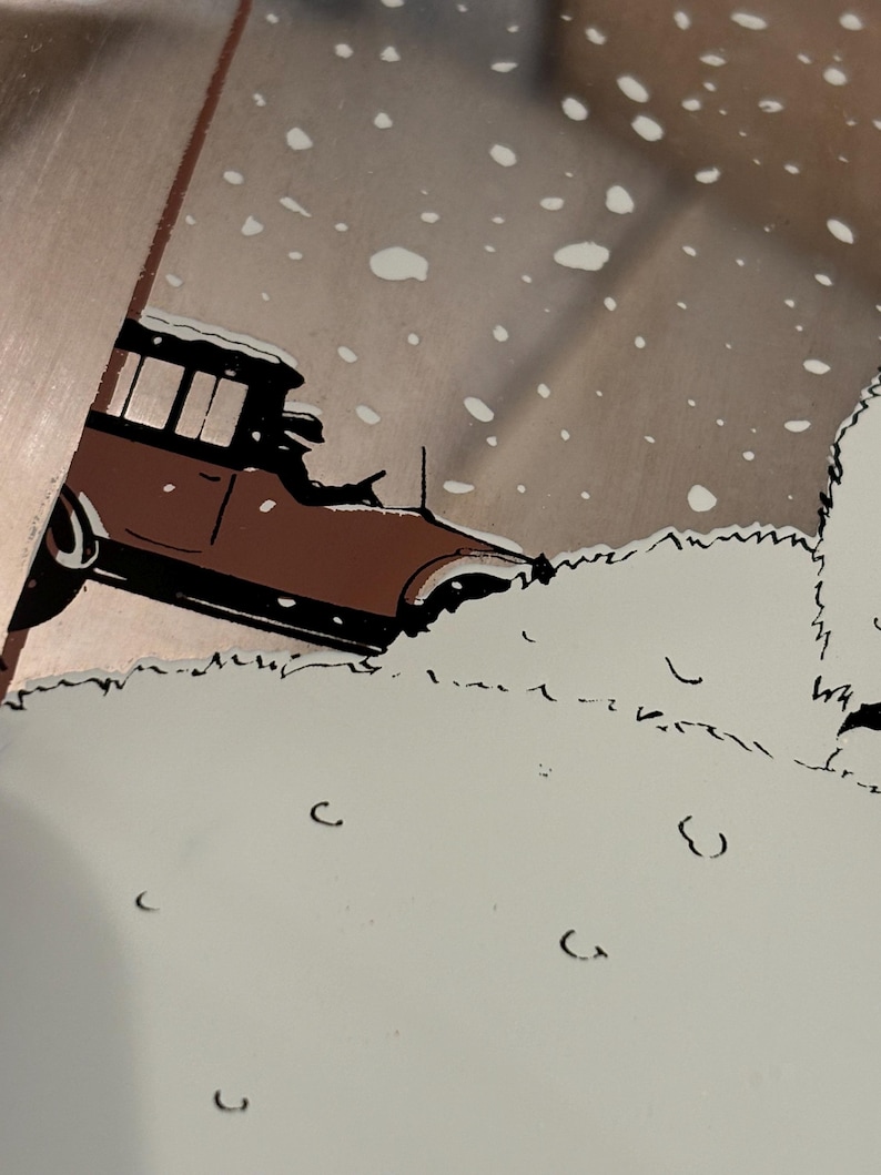 May include: Illustration of a vintage brown car driving through a snowy scene. The car is partially obscured by snowdrifts, with a backdrop of falling snowflakes and a muted color palette.