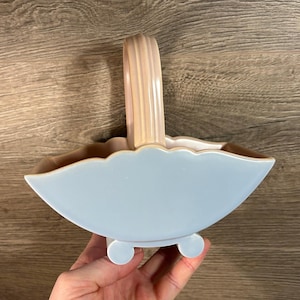 Vintage 1930s Poole Pottery Small Footed Duo Pastel Tone Pink & Blue Trug Basket with a Handle | Collectible Dreamy Art Deco Boudoir Decor