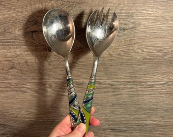Set da insalata vintage in acciaio inossidabile verde lime / Essenziali colorati per vegetariani / Stile di vita sano vegetariano / Utensili da tavola