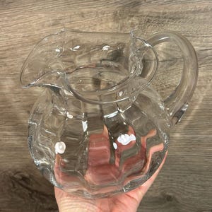 Vintage Heavy & Voluptuous Optic Wave Flowy Ruffle Top Rim Round Large Pitcher Jug- 56Oz/1.5L | Collector Glass Tableware | Summer Lemonade