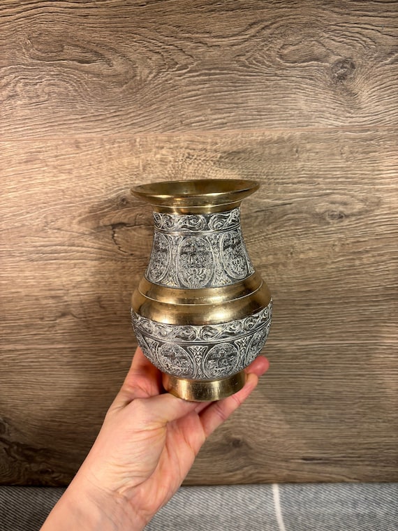 Vintage Solid Heavy Brass Bronze Nepalese Ceremonial Amkhora Vase Water Vessel Jug with Buddha & Lotus Flower | Buddhist South Asia Decor
