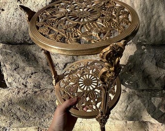 Vintage Brass Ornate Planter Stand | Two Tier Luxurious Plant Holder | Gold Tone Angel Cherub & Lion Claw Feet Eye Candy | Collectible Decor
