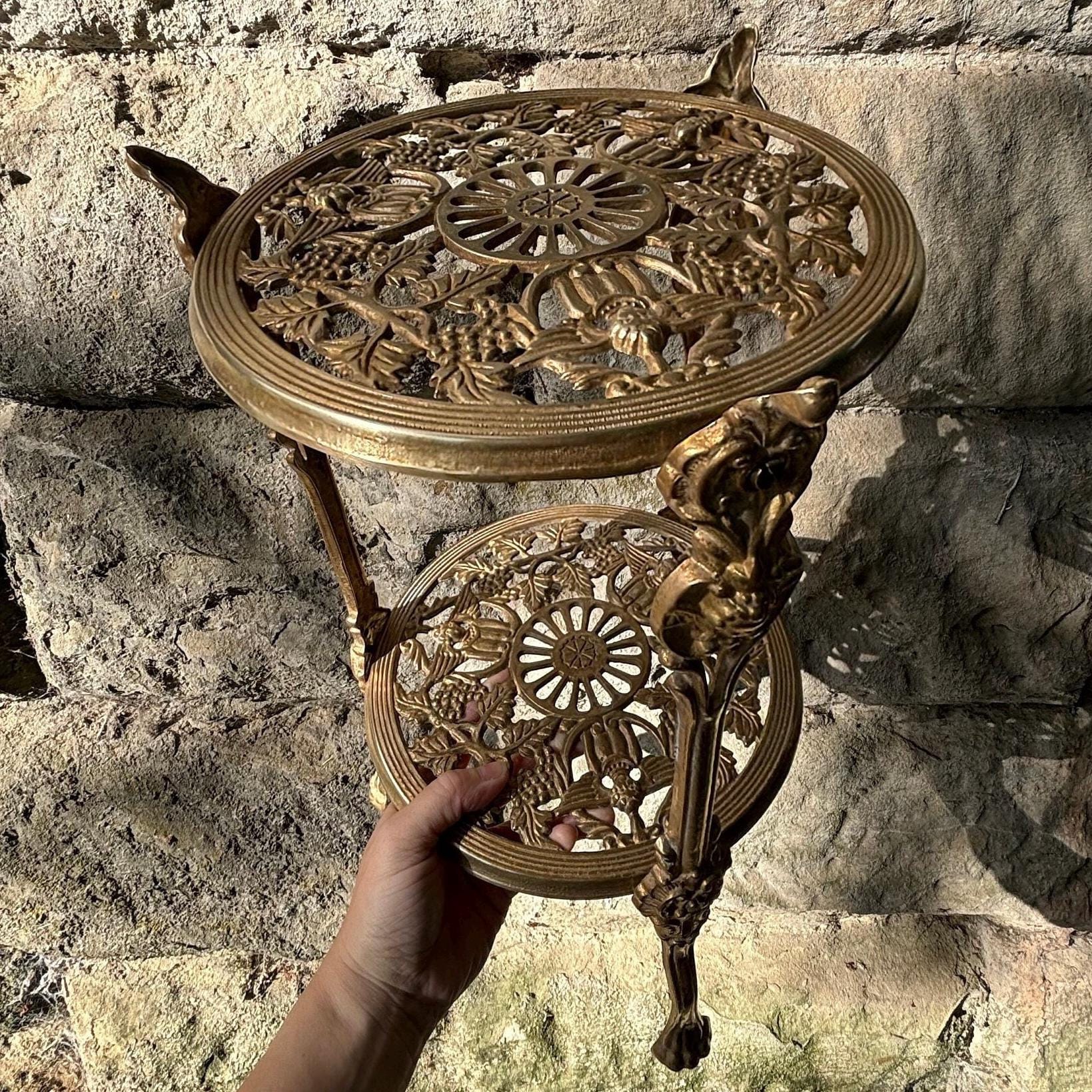 Vintage Brass Ornate Planter Stand | Two Tier Luxurious Plant