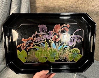 Vintage Made in Japan Purple Orchid Black Lacquer Wooden Tray | Japanese Rectangular Tray | Oriental Flowers Home Collectibles | Floral Home