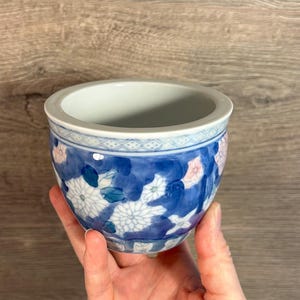 Vintage Hand Painted Oriental Floral Blue, Pink Peony & White Chrysanthemum Ceramic Jardiniere | Small Asian Indoor Planter | Cosy Home Art