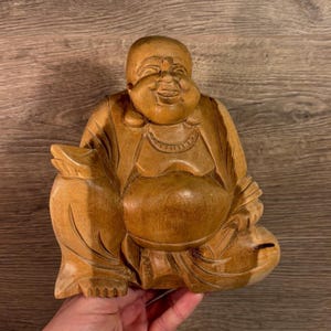 Vintage Hand Carved Happy Buddha Sculpture | Mantel, Bookcase or Cabinet Collectible | Yoga and Meditation Decor | Mind Body and Soul Wisdom