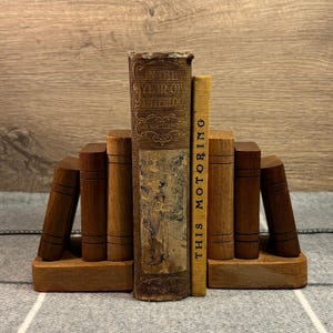Vintage Hand Crafted Wooden Bookends in the Shape of Books with Felt Base | Old Home Office & Library Decor | Retro Intellectual Book Worm