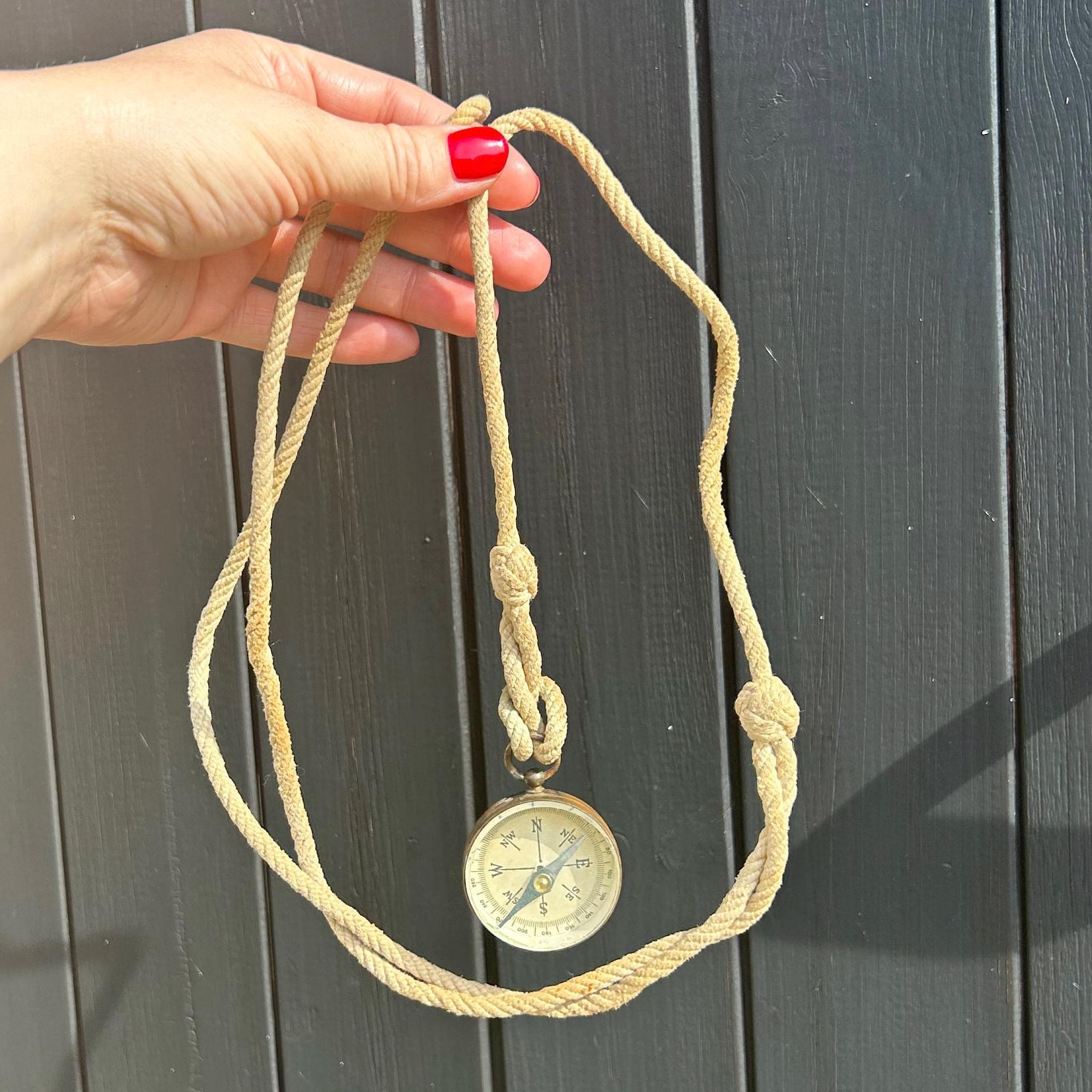 Vintage Antique Miniature Brass Compass on Long Rope Collector Iconic Militaria & Army Memorabilia Old Nautical Collectible Accessories