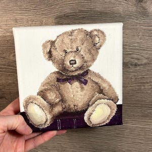 Preloved 2015 Hand Painted & Artist Signed Plush Teddy Bear Toy with Purple Satin Ribbon Bow Sat on the Book Small Wall Hanging | OOAK Art