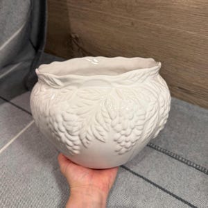 Puede incluir: Una maceta de cerámica blanca con un patrón en relieve de racimos de uvas y hojas de parra que cubre la superficie exterior. El cuenco tiene un borde ancho, festoneado y ondulado, con un cuerpo redondeado que se estrecha hacia la base.