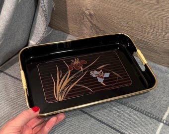 Vintage Iris Flower Japanese Lacquerware Decorative Small Rectangular Rounded Edge Tray | Japan Lacquered Collectible | 80s Oriental Boudoir