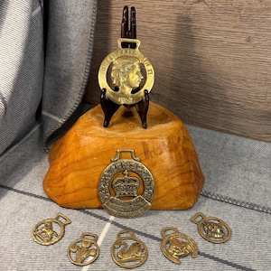Vintage Horse Harness Brass Medallion Collectibles- Set of 7 | Traditional Stables and Equestrian Rustic Decor | English Bar & Public House