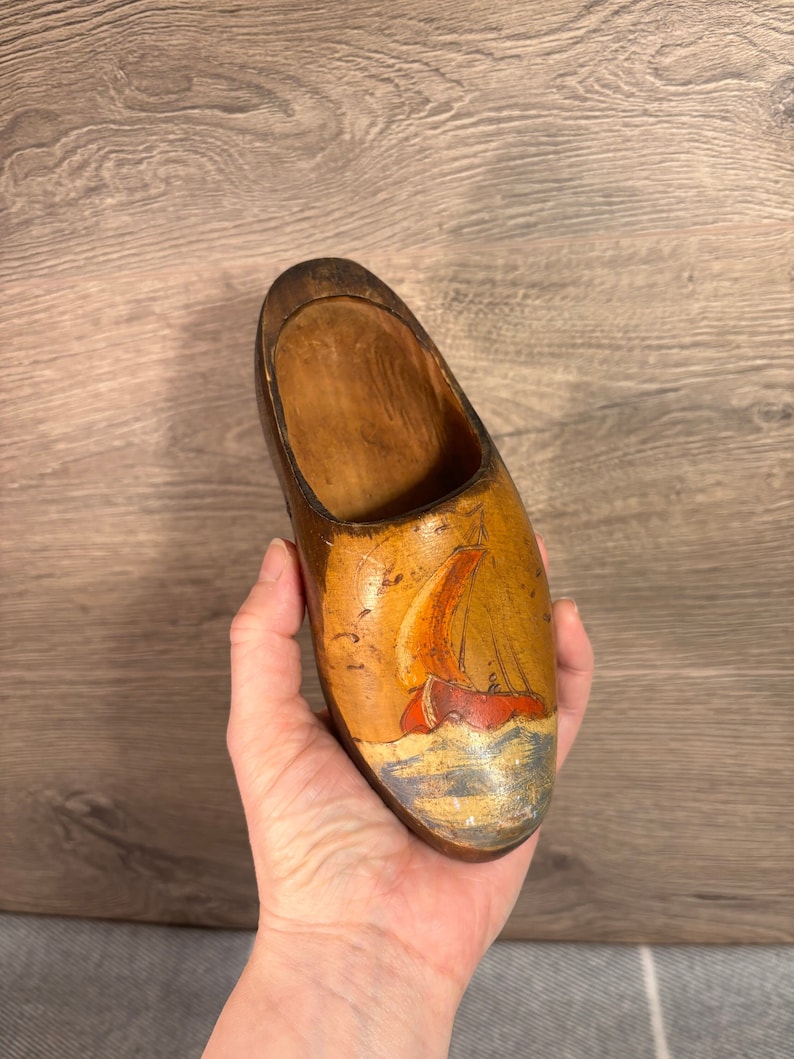Vintage Hand Crafted & Painted Small Lightweight Dutch Wooden Klomp Shoe with Ship Sailing Boat Motif Wall Hanging Old Nautical Home Decor image 1