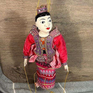 Vintage Collectible Hand Crafted and Painted Oriental Art Marionette String Puppet Girl in Pink Sequin Embroidered Beaded Ceremonial Dress