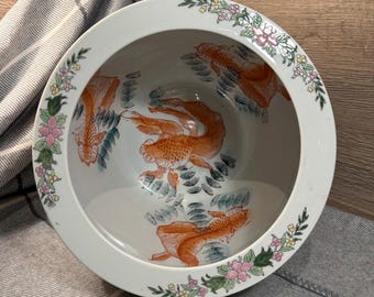 Vintage Koi Carp Fish Hand Painted Made in China Oriental Large Heavy 3.4kg Jardinière Planter | Botanist Chinese Floral Fishbowl Plant Pot