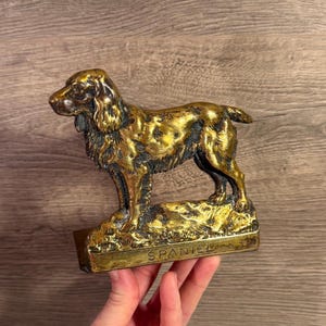Peut inclure: Figurine vintage d'un chien Spaniel en laiton. Le chien est debout sur une base rectangulaire avec le mot "SPANIE" gravé dessus. La figurine a une surface détaillée et texturée avec une teinte dorée et des accents sombres.