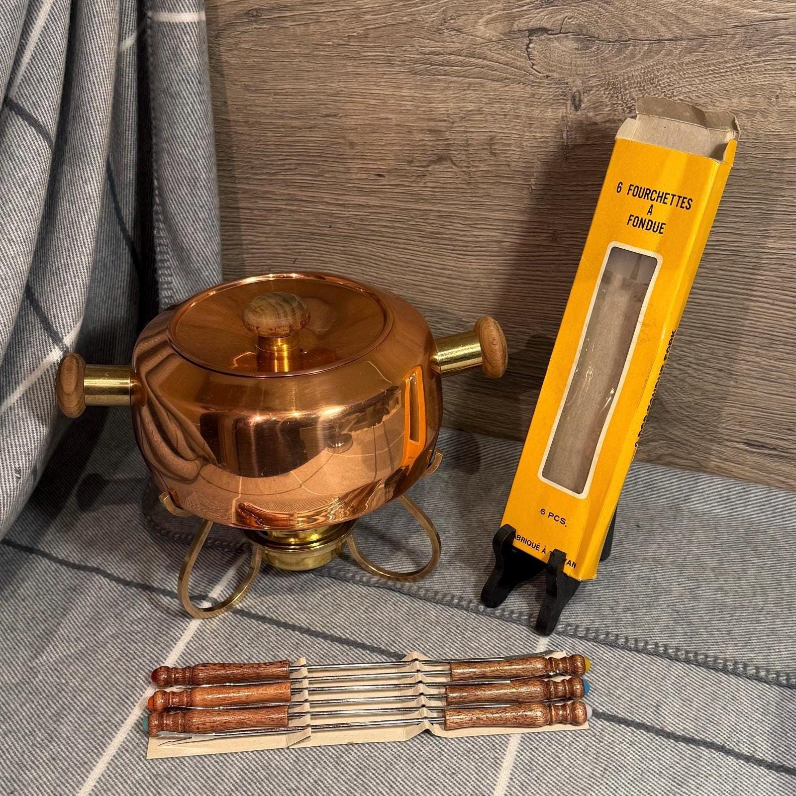ヴィンテージモダニスト銅＆木製フォンデュセット（フォーシェット