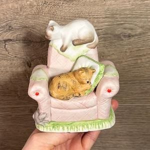 Vintage Bisque Matt Finish Cheeky Grey Mouse & Cats Sleeping on Traditional Pastel Pink Armchair Statue Figurine | Crazy Cat Lady Home Decor