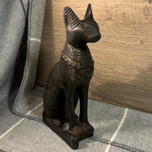 Vintage Bastet Rock handgesneden zwarte stenen beeld Egyptische kattengodin - 2,2 kg | Egypte faraonische hiërogliefcartouche | Farao-verzamelobjecten