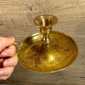 Vintage Enamelled Brass Chamberstick | Old School Night Time Accessory | Harvest Fruit & Berry Rustic Collectibles | Carry Loop Candle Stand