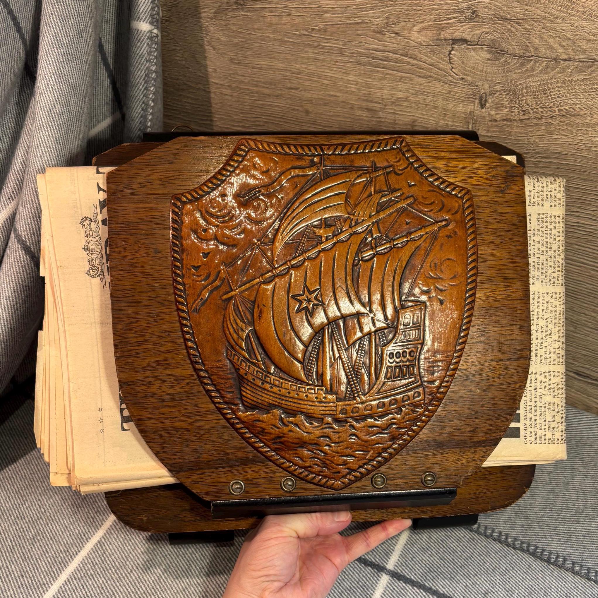 Vintage Hand Carved Large Wooden Embossed Sailing Ship Crest Wall Hanging Newspaper Holder Rack | Retro Coastal Decor | Nautical Collectible