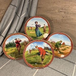 Vintage Melvyn Buckley Golfing Collection Fairway, Clubhouse, Bunker & Ladies Day Gilded Royal Worcester Highlands 4 Golf Memorabilia Plates