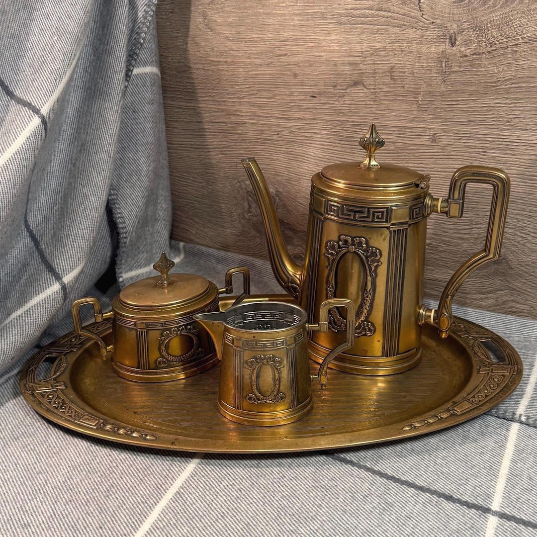 Vintage Neo Classical Angular Handle Gold Tone Metal Tea Coffee Tray ...
