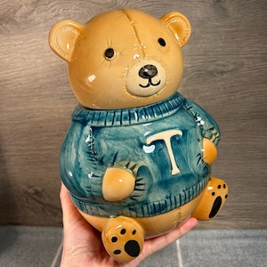 Vintage Hand Painted 'T' Teddy Bear Emerald Green Jumper Stitching Patchwork Cookie Jar | Collector Kitchenalia | Countertop Biscuit Storage