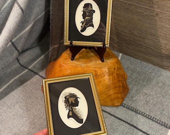 Retratos de silueta de Lady Verity y Sir Peregrine, arte mural, firmados por Enid Elliott Linder, The Pennyfarthing Galleries, serie Candle Light