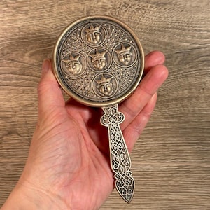 Vintage Solid Bronze Heavy Celtic Design Pattern & Five Faces Small MMA Hand Mirror| Metropolitan Museum of Art Collectibles| Rare Old Finds