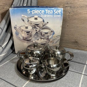 Vintage Stainless Steel 18-8 Sunnex 5 piece Tea Set In Original Box Made in Hong Kong | Retro Daily Kitchenalia | MCM Canteen Metal Kitchen