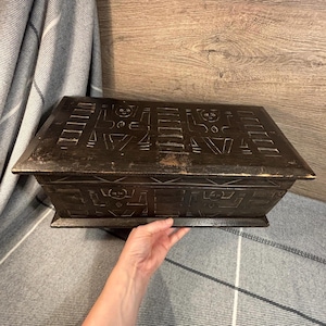 Vintage African Figural Tribe Folk People Motif Ethnic Carved Large Lidded Wooden Box | Tribal Lightweight Storage Chest | Black Wood Trunk