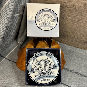 Preloved Marks & Spencer Camembert Cheese Baker | Extra Fin Fabrique en Normandie Round Baking Dish | Blue and White Cow French Kitchenalia