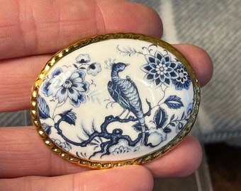 Vintage Aynsley Floral Peacock Blue and White Hand Painted Fine Bone China Brooch