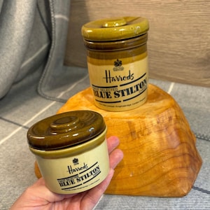Vintage Harrods Blue Stilton Cheese Jars-Set of 2 | Granville TG Green Glazed Stoneware Lidded Pots | Retro Foodie Gourmet Yummy Kitchenalia