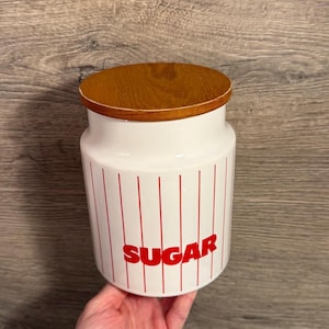 Vintage Sugar Hornsea Pottery Red Stripe Round Pot Jar with Wooden Lid | Mid Century Staple Kitchenalia | Retro Pantry Storage Jars and Pots