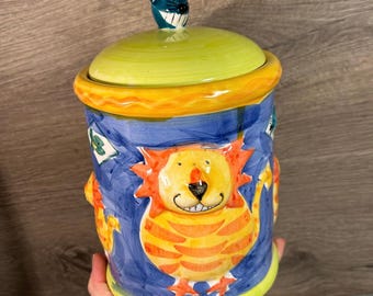 Vintage Rayware Hand Painted Whimsical Stripy Ginger Cat & Emerald Green Mouse Humorous Cookie Jar | Kitchen Countertop Art Storage Canister