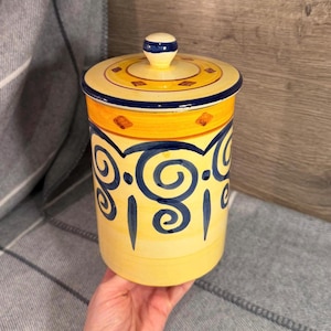 Vintage Hand Painted Blue Swirl Glazed Terracotta Large Tall Round Lidded Jar | Kitchenalia Utensil Holders | Mediterranean Pantry Storage