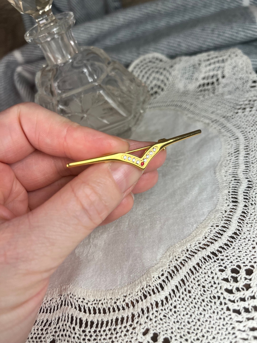 Vintage Gold Tone Chevron Shaped Faux Ruby and Clear Diamante ...
